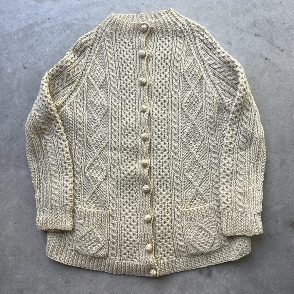 Vintage Heron Garment Aran Irish Cardigan Sweater Wool Fisherman Cable Knit M/L